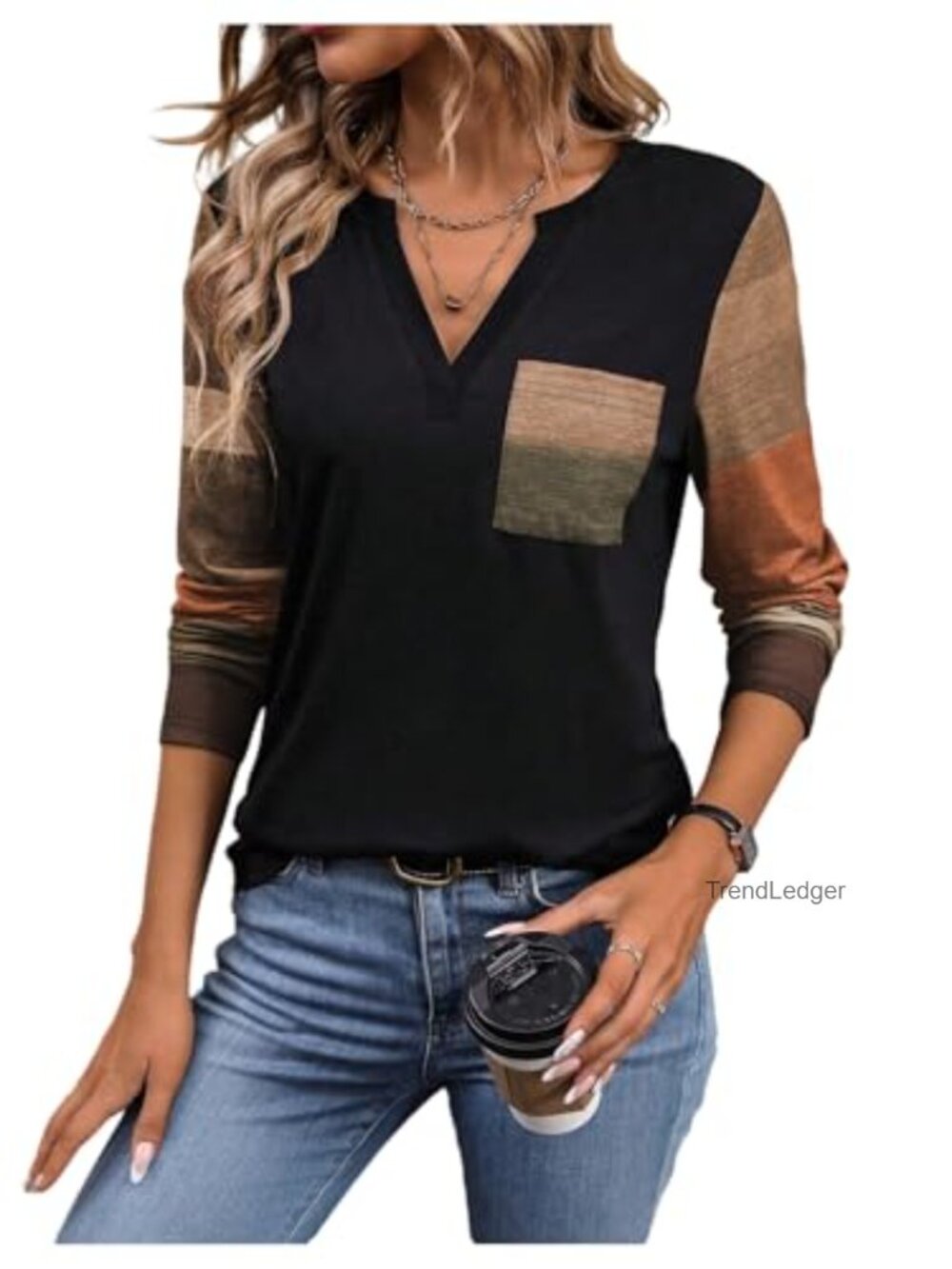 SOLY HUX Women's Color Block V Neck Long Sleeve Tee Casual Fall Top